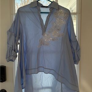 Chic Light Blue Blouse with Floral Embroidery